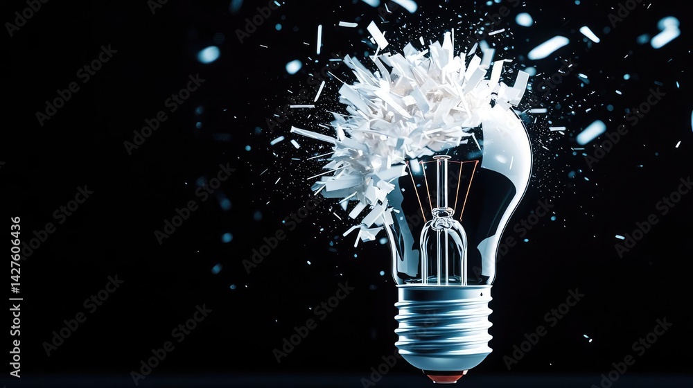 Aufkleber explosion of lightbulb showing bulb and filament crash concept. a light bulb bursting with fragments