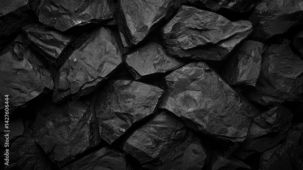 Poster a close-up view of rough, dark rocks arranged in a layered pattern, showcasing their natural texture