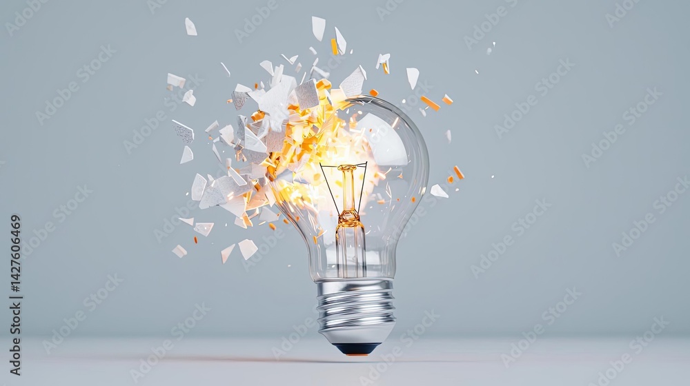 Poster explosion of lightbulb showing bulb and filament crash concept. an exploded light bulb creating spar