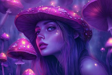 Ethereal Mushroom Woman in Magena Fantasy Painting, Glossy Wallpaper Art, Fantastic Frontier Concept