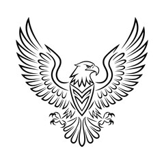 Majestic Eagle Tattoo Style Vector Illustration with Outstretched Wings in Black Line Art