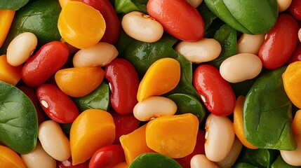 A vibrant mix of colorful beans and fresh spinach leaves, showcasing a healthy and nutritious assortment perfect for salads or cooking.