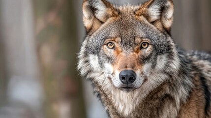 Obraz premium Close-up portrait of a wolf. Focus on its expressive eyes and fur