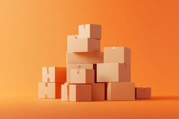 Obraz premium Stacked cardboard boxes on orange background
