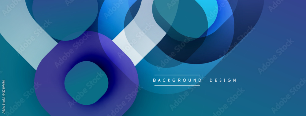 Poster abstract composition featuring overlapping circles, varying shades blue, purple. dynamic design crea