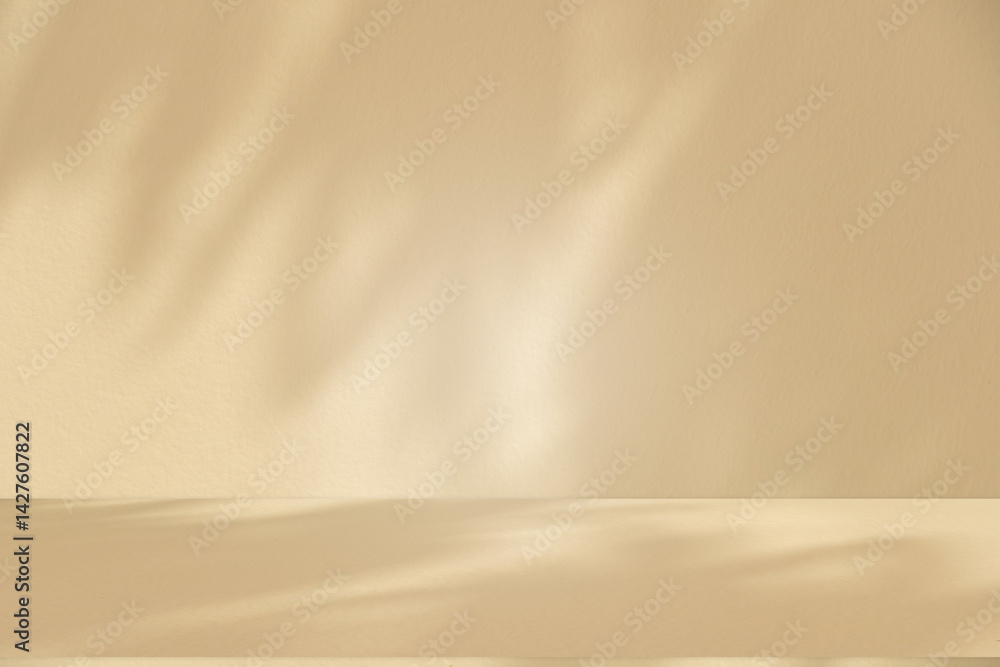 Fototapete Wall interior background, studio and backdrops show products. with leaf shadow from window color beige and white. background for text insertion and presentation of product	

