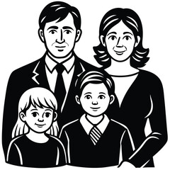 Black and White Illustration of a Happy Family Portrait