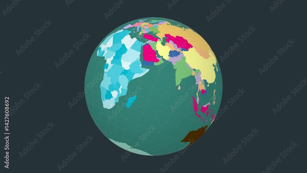 Poster rotating globe. tilted sphere view. moderate speed earth rotation. colored countries style.
