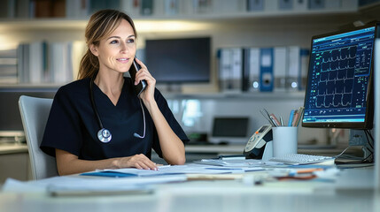 healthcare professional dark uniform is engaged phone conversation while seated desk filled with paperwork. background features computer displaying medical data, creating focused and professional