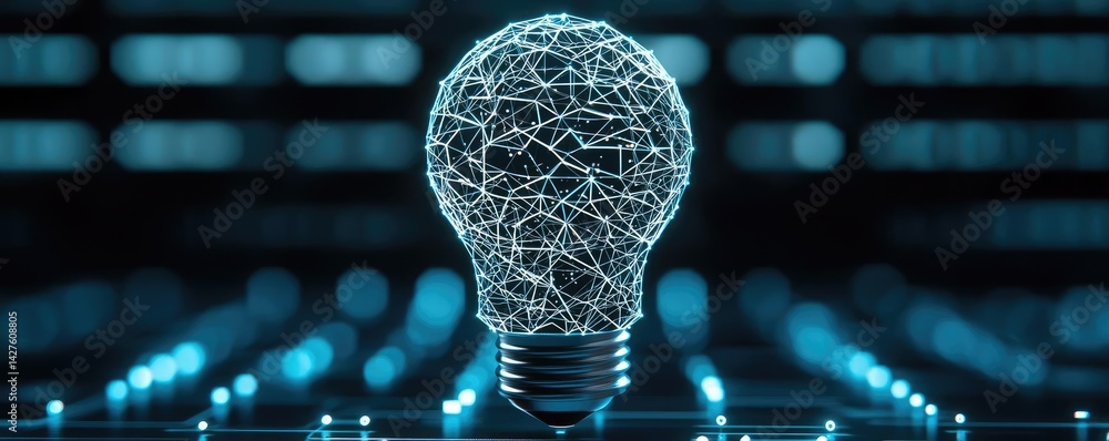 Poster polygon lightbulb with blockchain business idea concept. a glowing light bulb made of intricate digi
