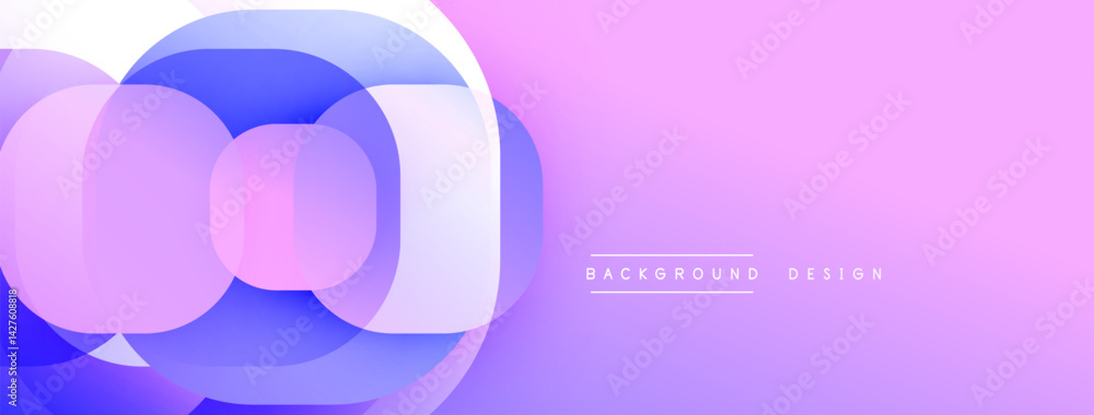 Poster Abstract composition featuring overlapping circles. Gradient shades transition from blue to purple, creating soft visual effect. Background is light pink. Modern, minimalist design.