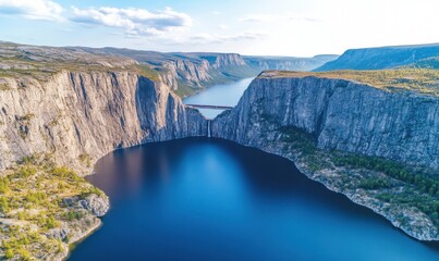Aerial view of a canyon lake and bridge, scenic landscape