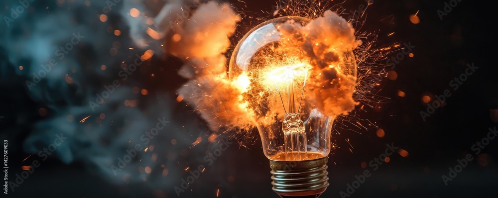 Poster explosion of lightbulb showing bulb and filament crash concept. an explosive moment captured within 