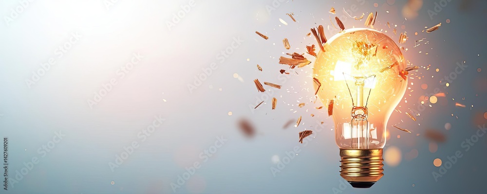 Poster explosion of lightbulb showing bulb and filament crash concept. a shattered light bulb with glowing 