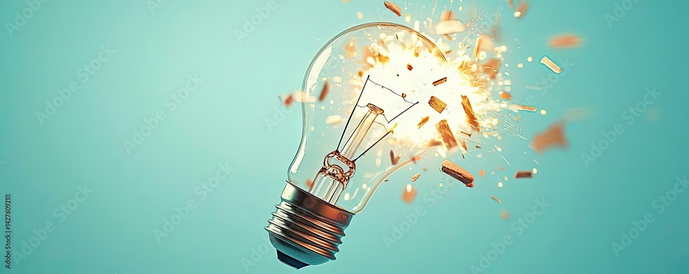 Poster explosion of lightbulb showing bulb and filament crash concept. a creative explosion of a light bulb