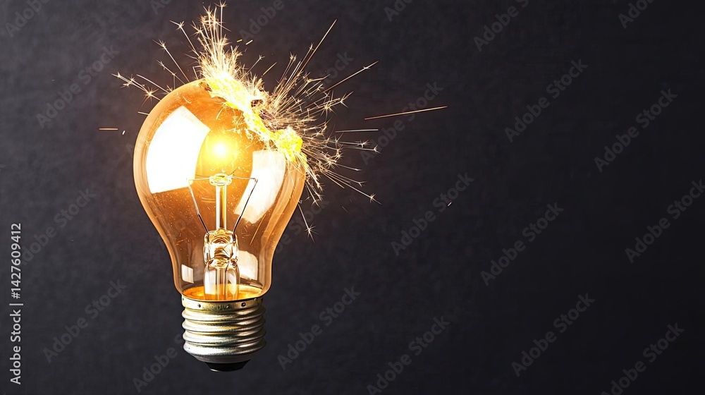 Poster explosion of lightbulb in high-speed bulb shattering concept. illuminating light bulb with sparks sh
