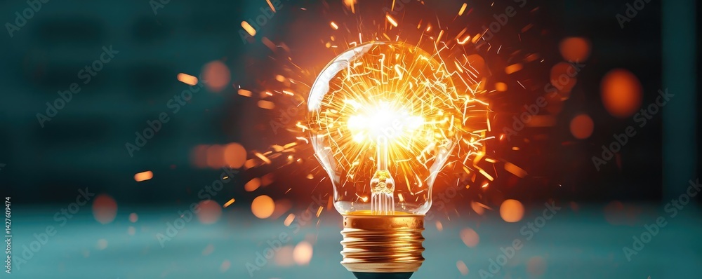 Poster explosion of lightbulb showing bulb and filament crash concept. a glowing light bulb symbolizing inn