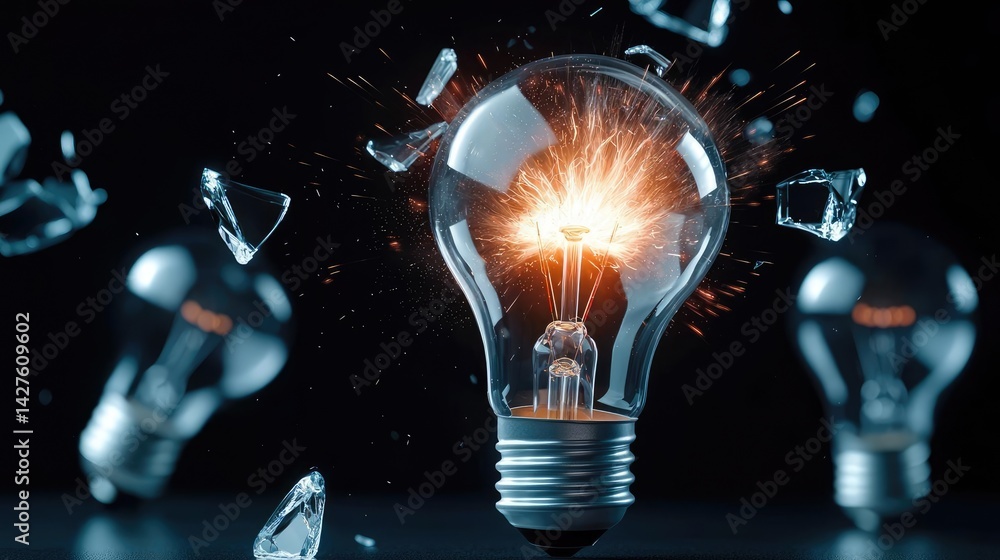 Aufkleber explosion of lightbulb showing bulb and filament crash concept. a shattered light bulb with sparks, 