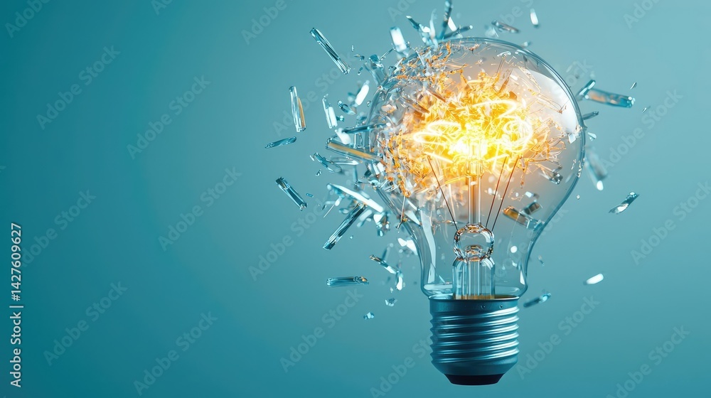 Poster explosion of lightbulb showing bulb and filament crash concept. a shattered light bulb emitting spar