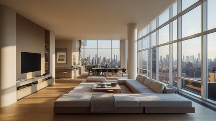 Fototapeta premium A spacious living room with large windows, an open floor plan, and a neutral color palette, including a comfortable sofa, coffee table, and a stylish entertainment center.