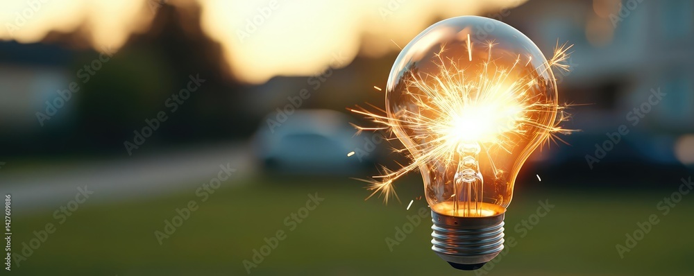 Aufkleber explosion of lightbulb showing bulb and filament crash concept. a glowing light bulb emitting sparks