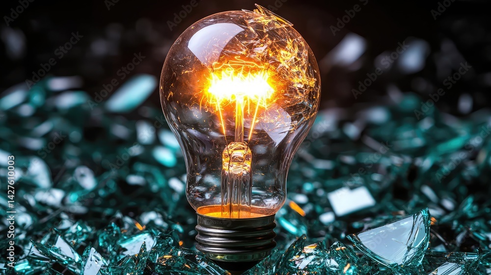 Poster explosion of lightbulb in high-speed bulb shattering concept. a glowing light bulb amidst shards of 