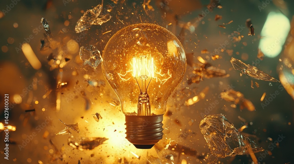 Poster explosion of lightbulb in high-speed bulb shattering concept. an illuminated light bulb surrounded b
