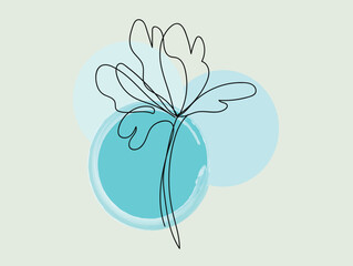 Abstract Minimalist Line Art Flower with Blue Watercolor Circles
