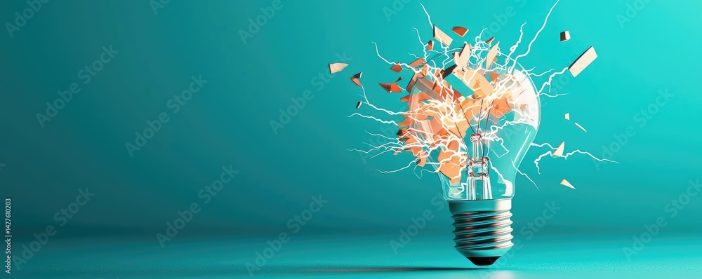 Poster explosion of lightbulb in high-speed electric crash concept. a shattered light bulb exploding with c