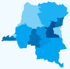 Map of Democratic Republic of the Congo with regions. Just a simple country border map with region division. Light blue color palette.