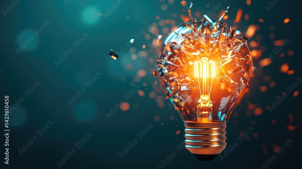 Poster explosion of lightbulb in high-speed bulb shattering concept. a dynamic light bulb bursting with spa