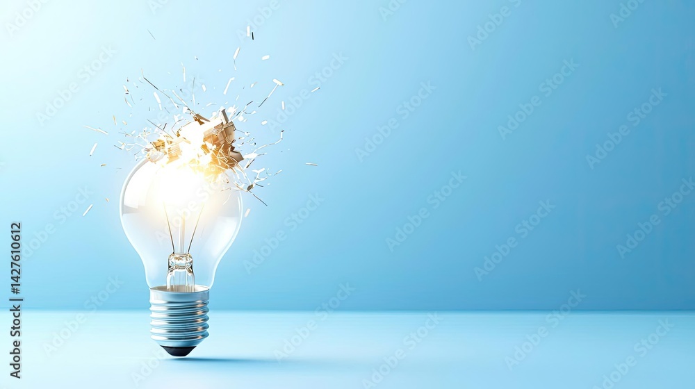 Poster explosion of lightbulb showing bulb and filament crash concept. creative light bulb concept with spl