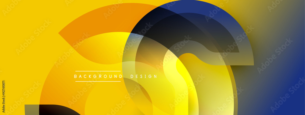 Poster Abstract geometric composition. Overlapping layers create dynamic visual effect. Yellow, blue, black gradients dominate design. Modern aesthetic, suitable background element.