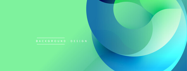 Abstract fluid shapes overlap, creating dynamic composition. Light green background contrasts with blue, turquoise layers. Modern design element for digital projects.
