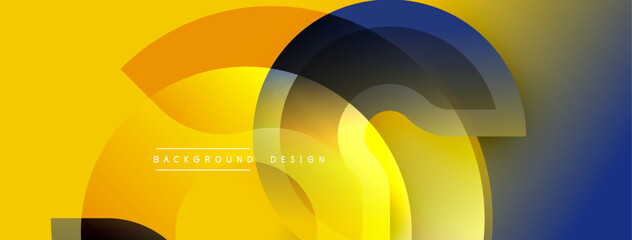 Abstract geometric composition. Overlapping layers create dynamic visual effect. Yellow, blue, black gradients dominate design. Modern aesthetic, suitable background element.