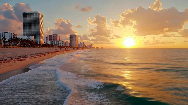 A golden evening twilight colors the skyline of a seaside town as the morning sun promises a bright sunrise over the horizon.