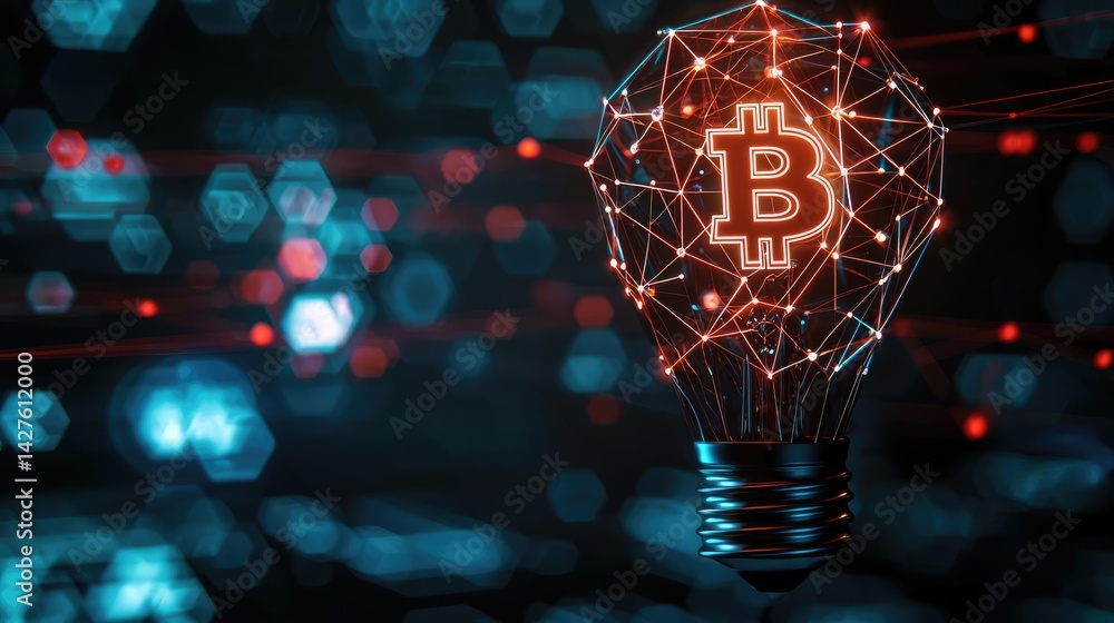 Poster polygon lightbulb with blockchain business idea concept. innovative light bulb design featuring bitc