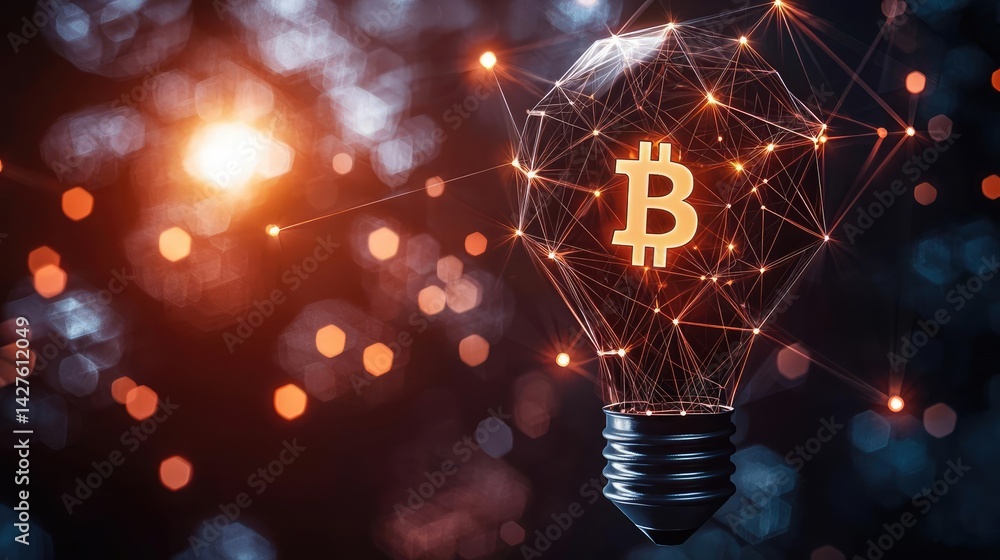 Poster polygon lightbulb with blockchain business idea concept. a digital concept of cryptocurrency represe