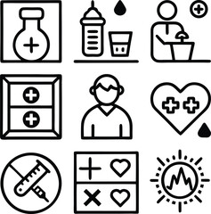 Medical Icons Set: A comprehensive assortment of clear, minimalist medical icons on display, perfect for illustrating healthcare concepts. Illustrates concepts of health, safety, treatment.