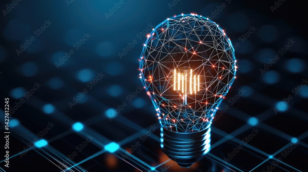 Poster polygon lightbulb in blockchain-driven idea concept. futuristic light bulb concept showcasing digita