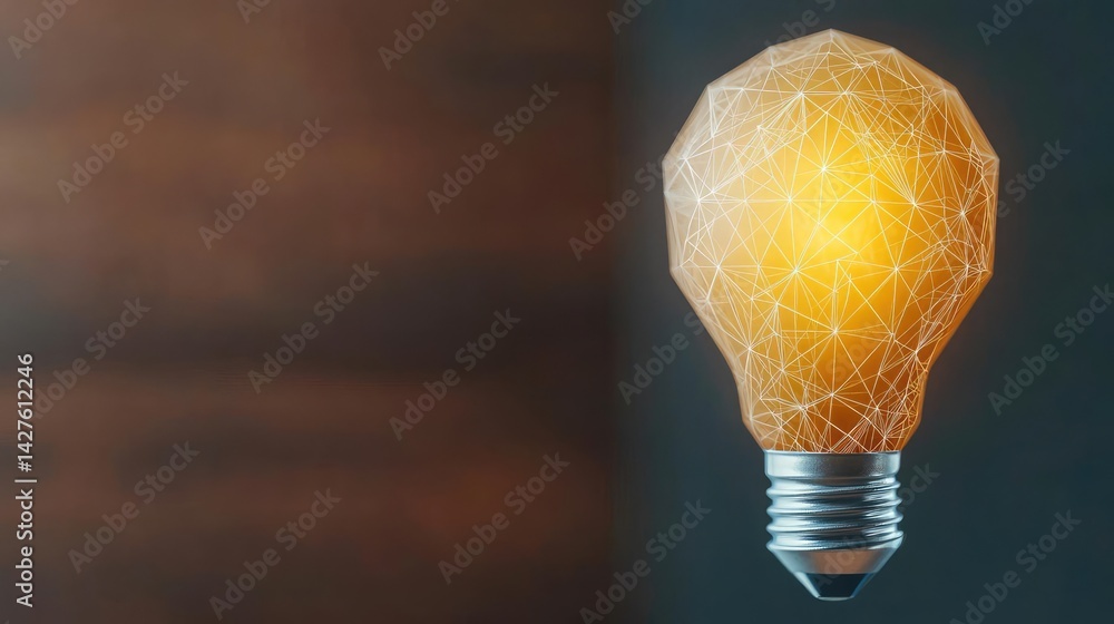 Poster polygon lightbulb in blockchain-driven idea concept. illuminated geometric light bulb with warm glow