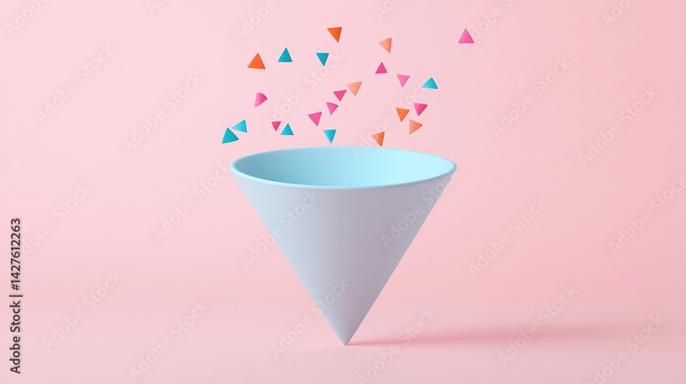 Poster a minimalist cone-shaped bowl with colorful triangles floating above it against a soft pink backgrou