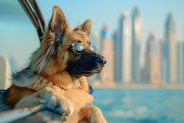 jack russell dog surfing on a wave , on ocean sea on summer vacation holidays, with cool sunglasses and flower chain