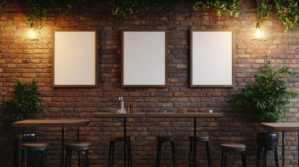 Rustic Bar Mockup Three Blank Frames on Brick Wall.