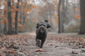 A cute Goldendoodle dog running in a park ,A smiling little puppy of a light brown poodle in a beautiful green meadow is happily running towards 