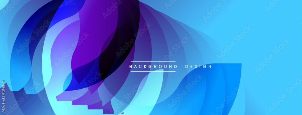 Poster Abstract flowing shapes, vibrant blues, purples create dynamic composition. Modern design element for backgrounds, presentations, digital art projects. Smooth gradients, layered forms.
