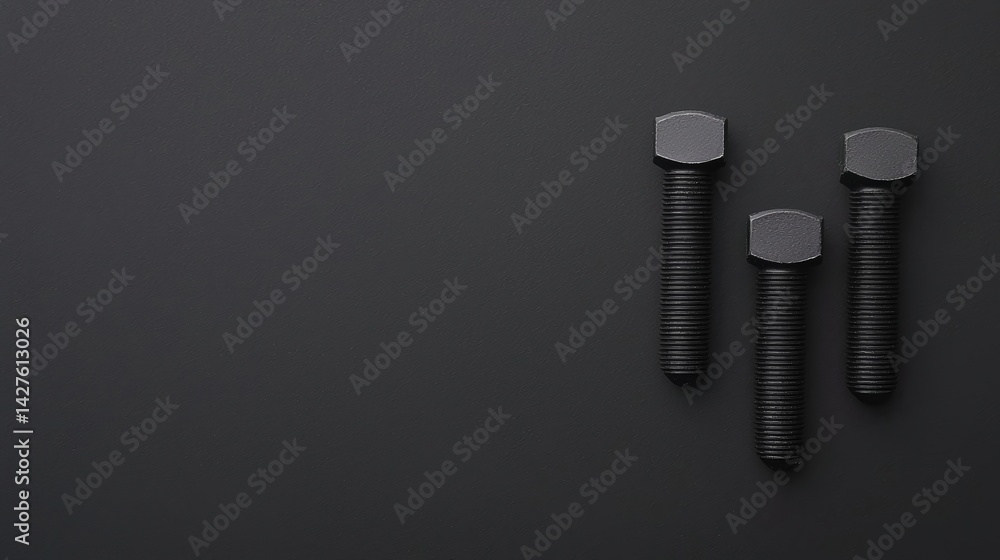 Poster three black bolts arranged on a dark surface, showcasing their hexagonal heads and threaded bodies, 