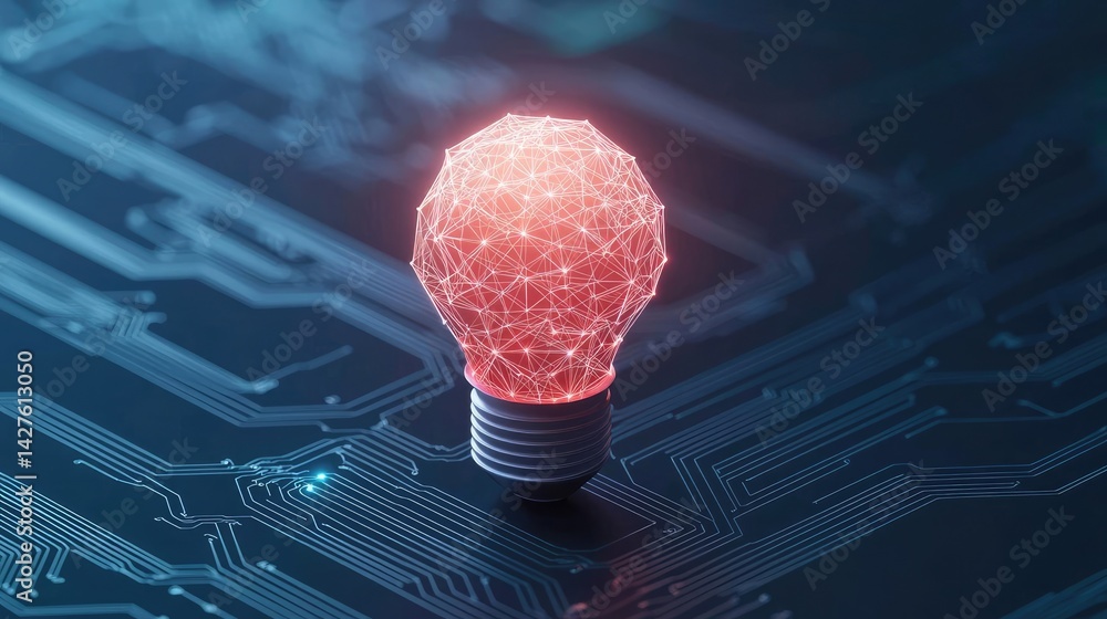 Poster polygon lightbulb in blockchain-driven idea concept. a glowing light bulb representing innovative te