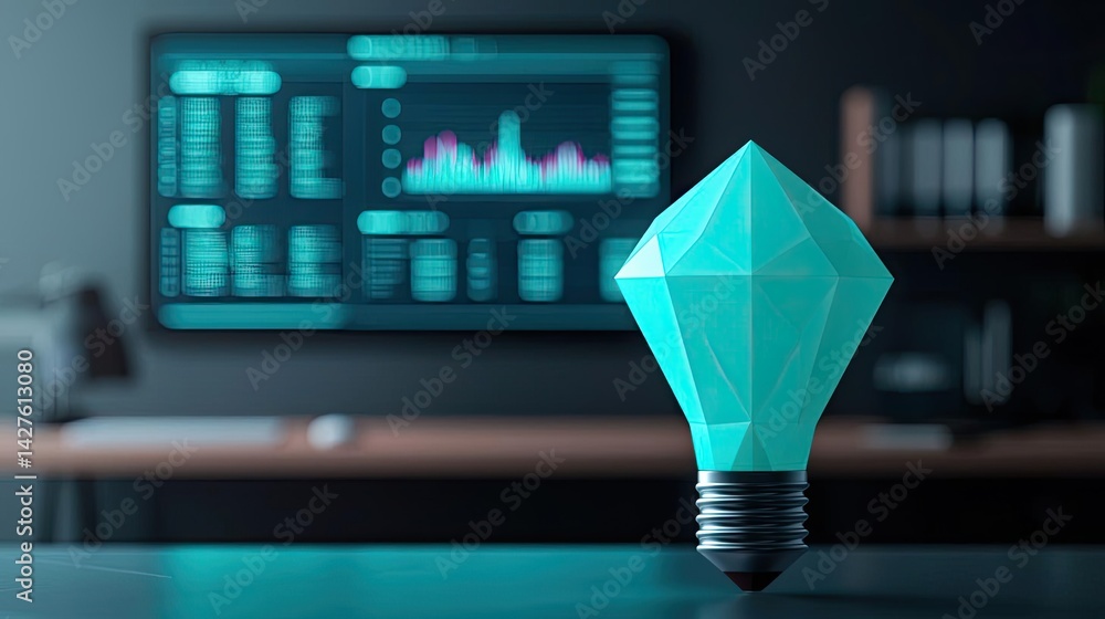 Poster polygon lightbulb with blockchain business idea concept. a modern teal light bulb against a data ana