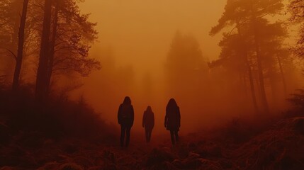 Mysterious figures walk in a foggy forest bathed in orange hues, creating an eerie and haunting atmosphere. Nature envelops them silently.